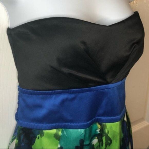 Teeze Me Satin Floral Tulle Underlay Strapless Dress Mini Juniors 9 Blue Black - Picture 3 of 7